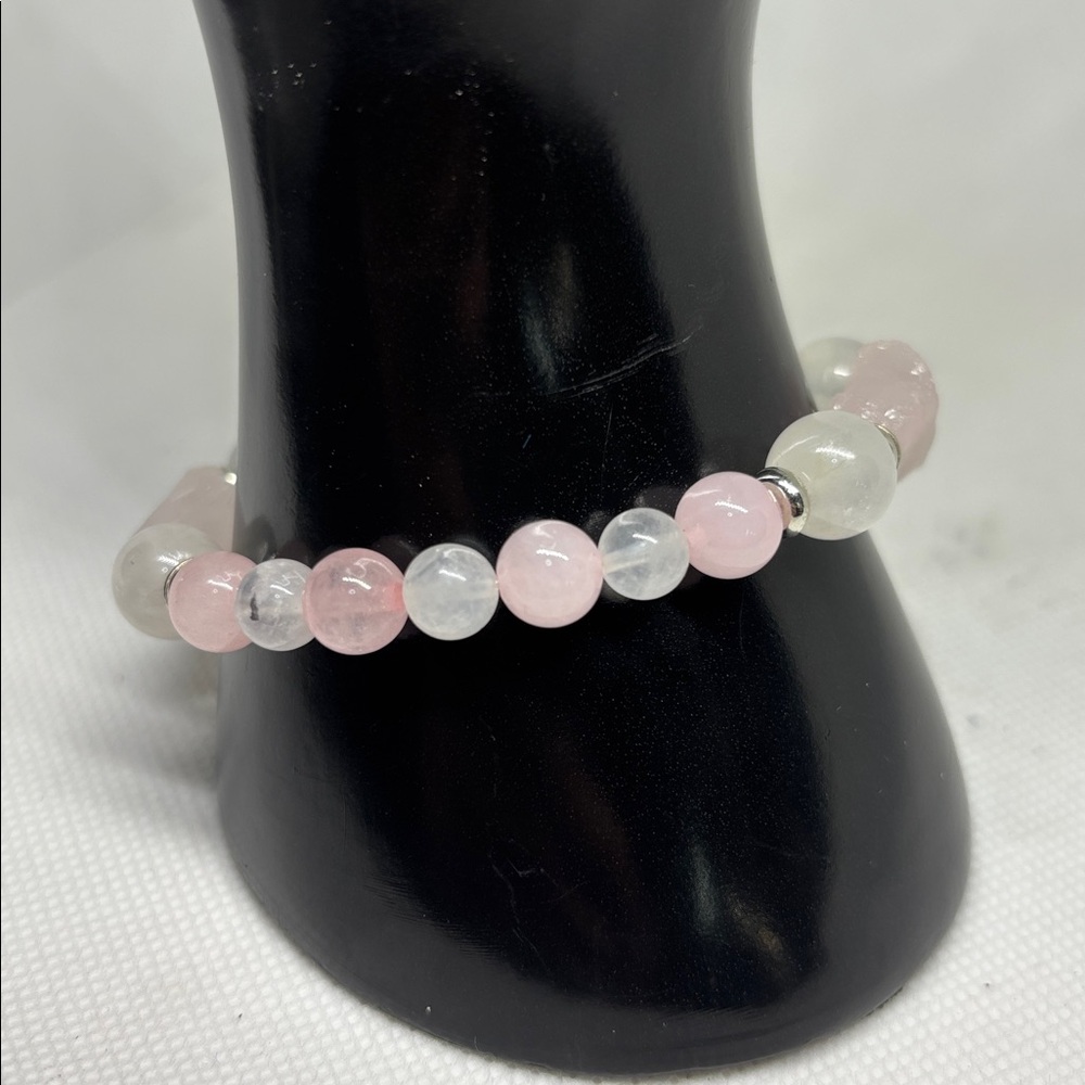 Handmade Rose Quartz and Moonstone Stretch Bracelet Romantic Barbiecore - Picture 4 of 4
